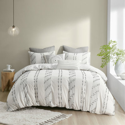 Housse de couette pour lit double / grand en coton - avec rayures grises, imprimé inversé, 2 taies décoratives assorties, lavable