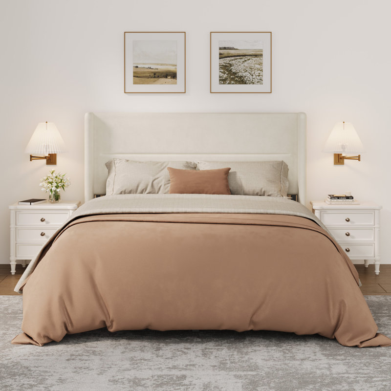 Queen Bed Frame with Wingback Headboard, Velvet Upholstered Platform Bed Frame with Sturdy Wooden Slats Support, No Box Spring Needed, Easy Assembly, Beige