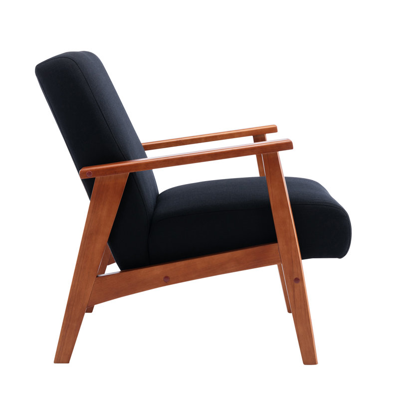 Fauteuil d'appoint recouvert de tissu avec pieds en bois de hêtre Gilene, Mélange de polyester noir