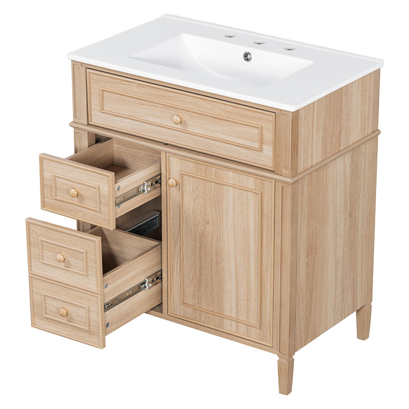 Meuble-lavabo de salle de bain avec lavabo et rangement polyvalent, 30, Bois clair