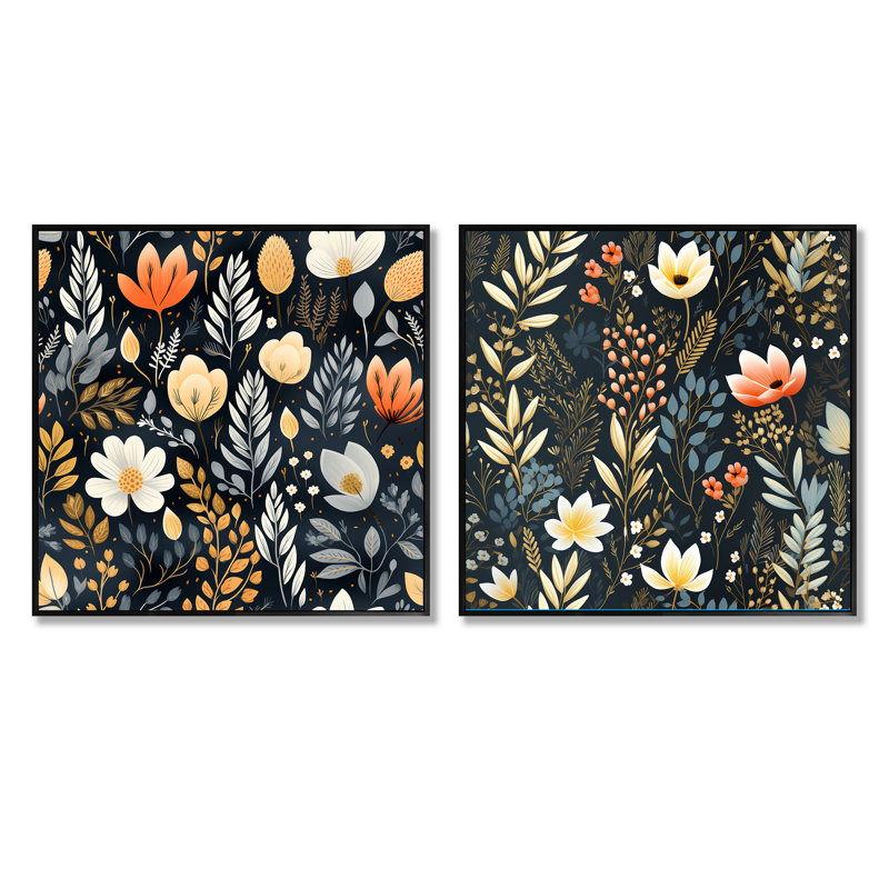 Nature's Exquis Floral Collage III - Ensemble de 2 collages carrés botaniques abstraits, Cadre flottant noir