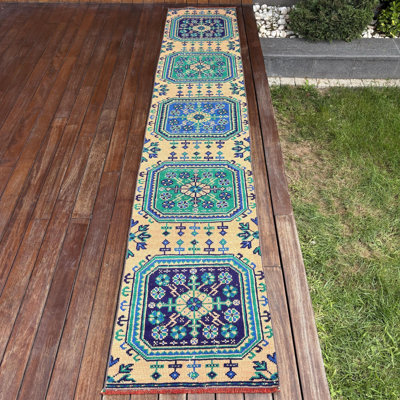 Tapis de couloir turc rétro beige: design authentique en laine anatolienne idéal pour les escaliers et fabriqué avec l'esthétique bohème