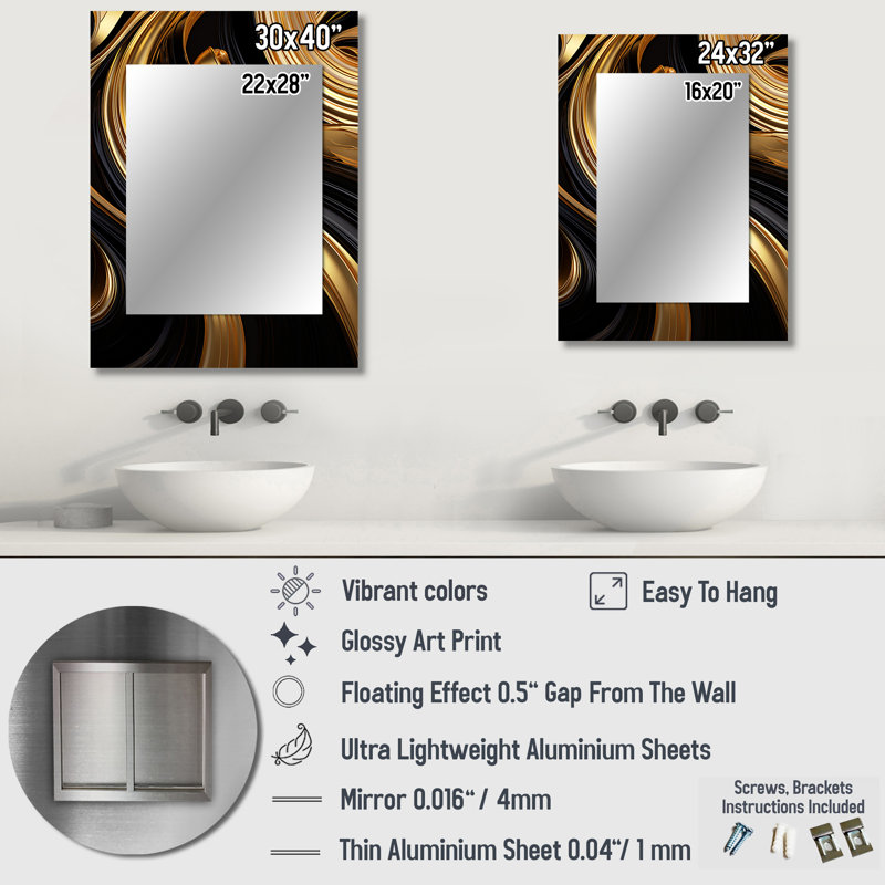 Abstract Liquid Gold And Black Swirl I - Abstract Spirals Wall Mirror, Modern Decorative Mirror, Printed Metal Art, 40" x 30"