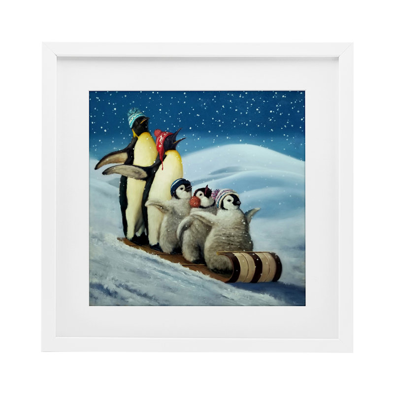 «Sleigh Ride Snowy Penguins», reproduction encadrée sous verre, conception de Lucia Heffernan, H 13 po x l 13 po
