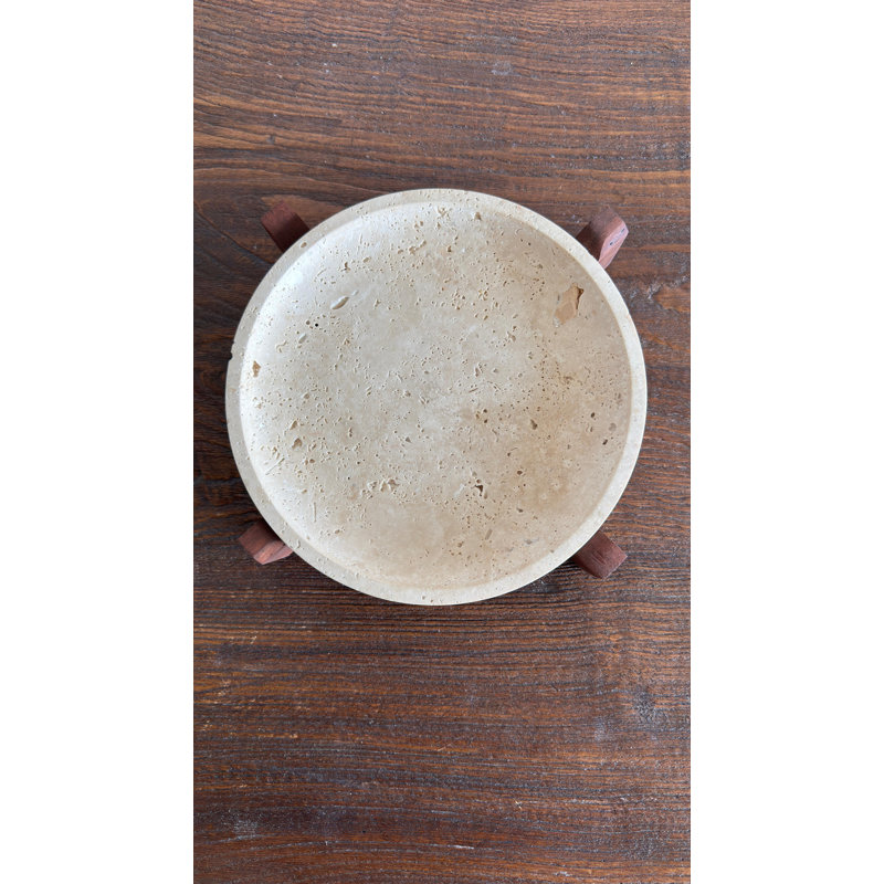 Serving Bowl With Wooden Feet, Travertine