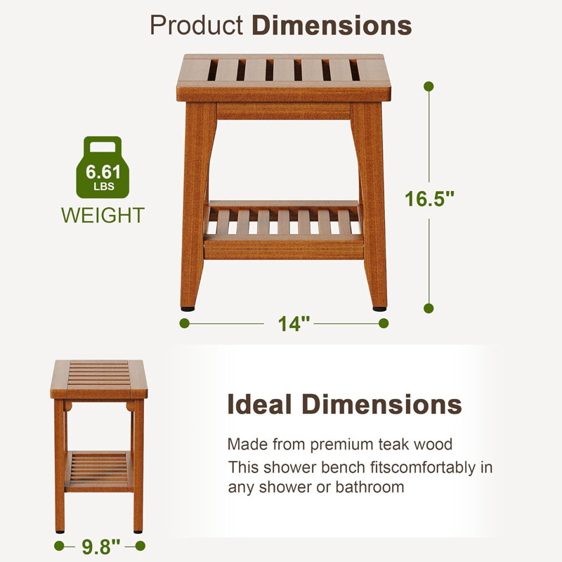14" Solid Wood Shower Bench with Storage Shelf