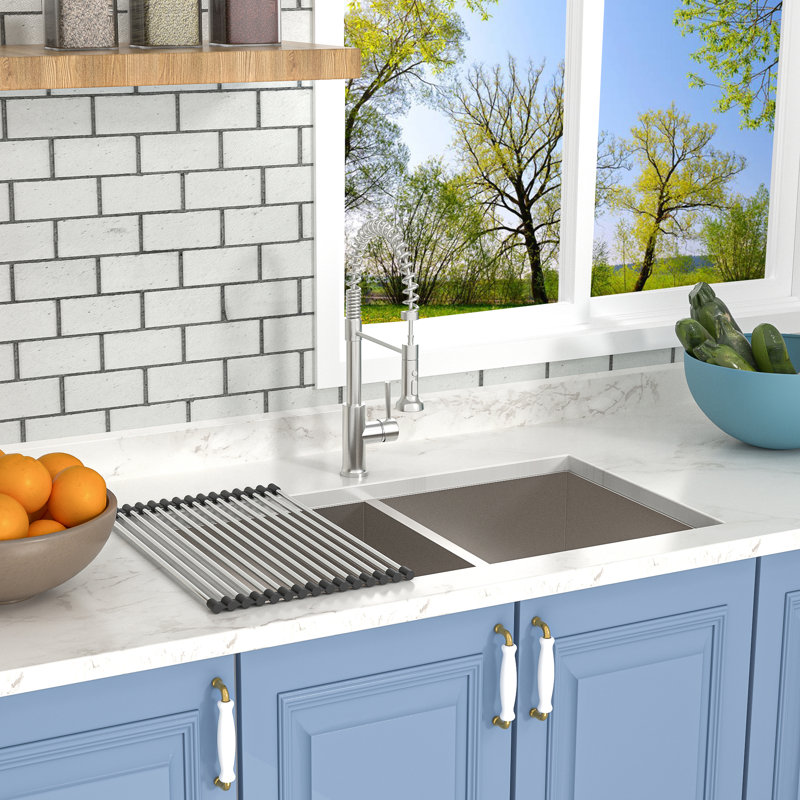 33" L x 19" W 50/50 Double Basin Stainless Steel Undermount Kitchen Sink with Accessories