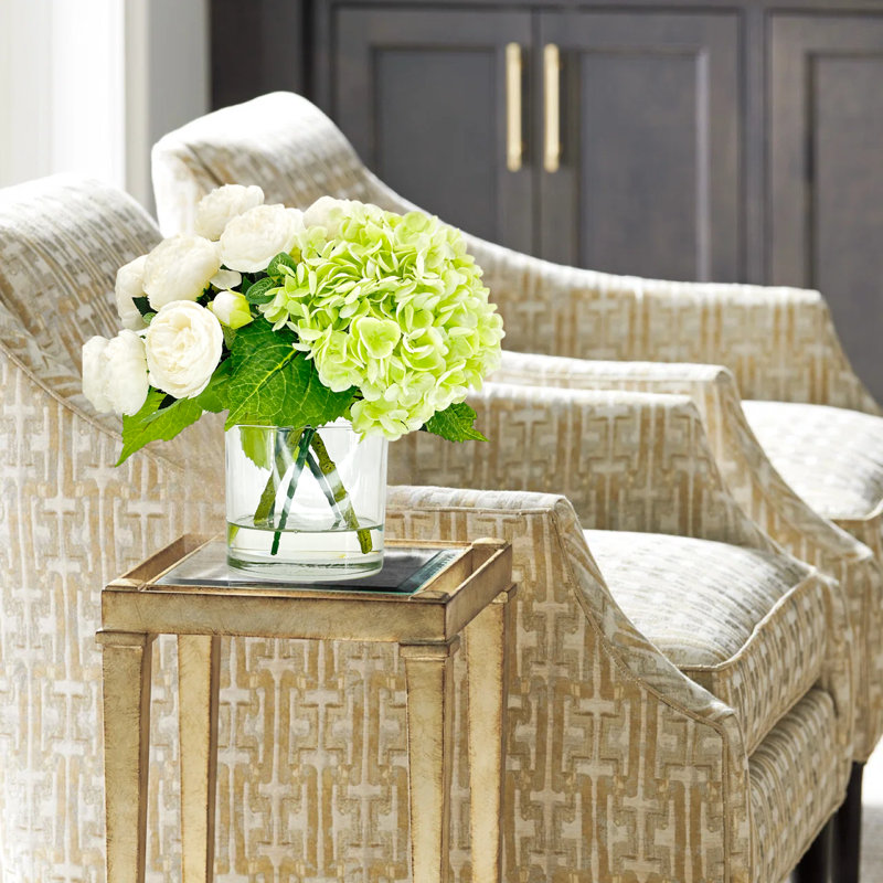 Floral Centerpiece, Faux Peonies And Hydrangeas In Vase