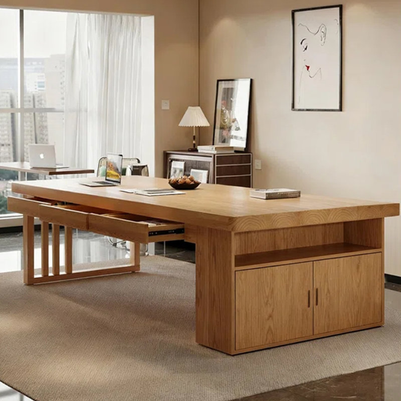 Bureau rectangulaire brun en bois massif avec 6 tiroirs, H 29,53 po x l 86,61 po x P 35,43 po