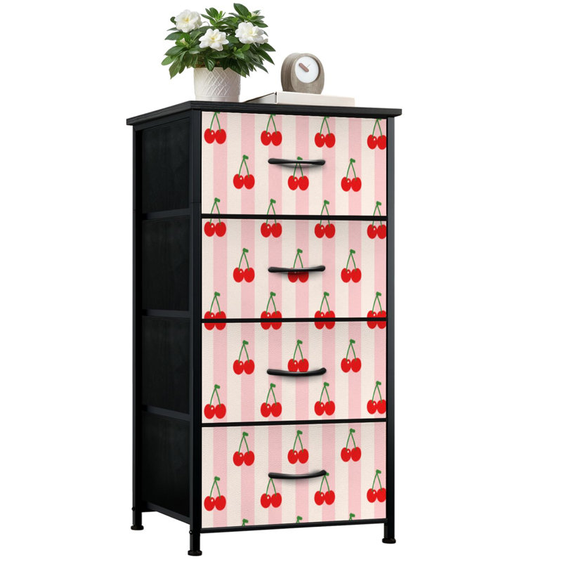 Commode de rangement verticale 4 tiroirs cerise rose rayée avec tiroirs en bois