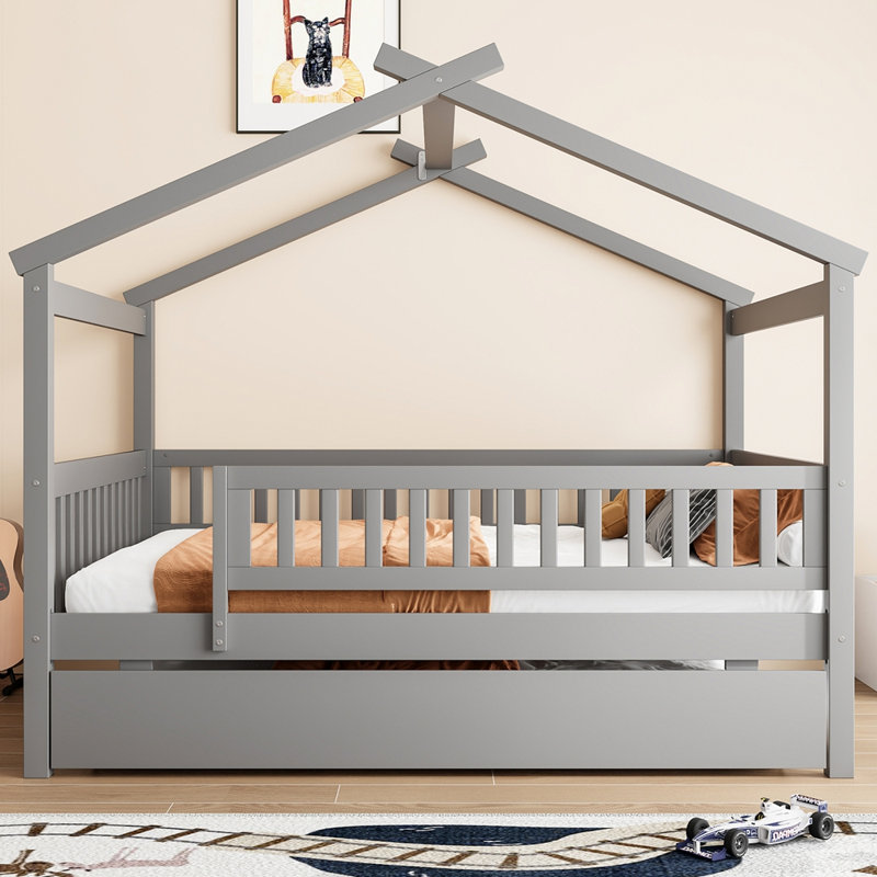 Lit double en bois avec lit gigogne, Grey, Full