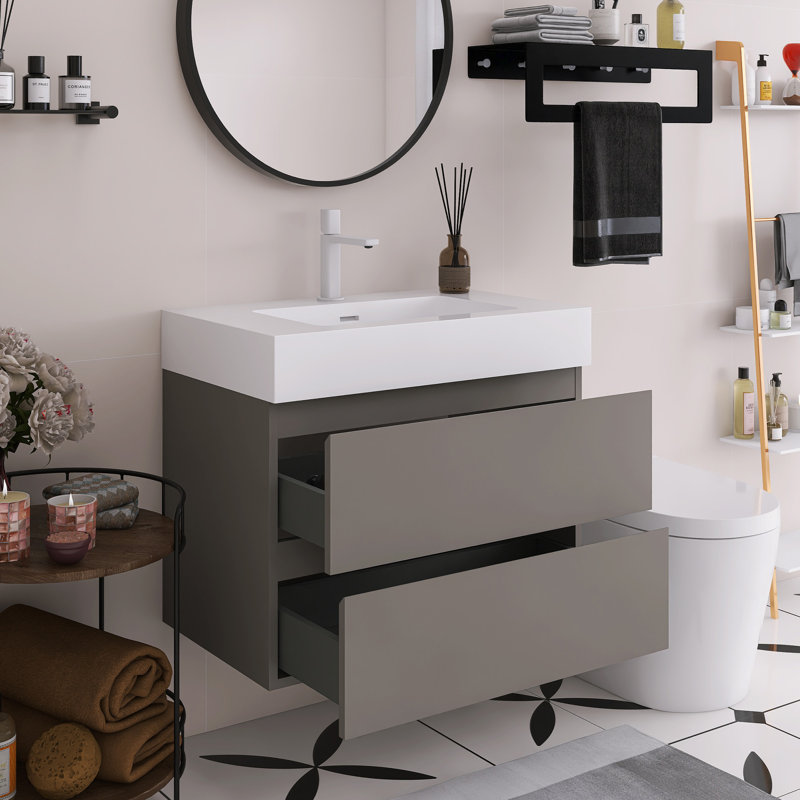 Meuble-lavabo flottant mural 30 po avec lavabo, Gris, Blanc