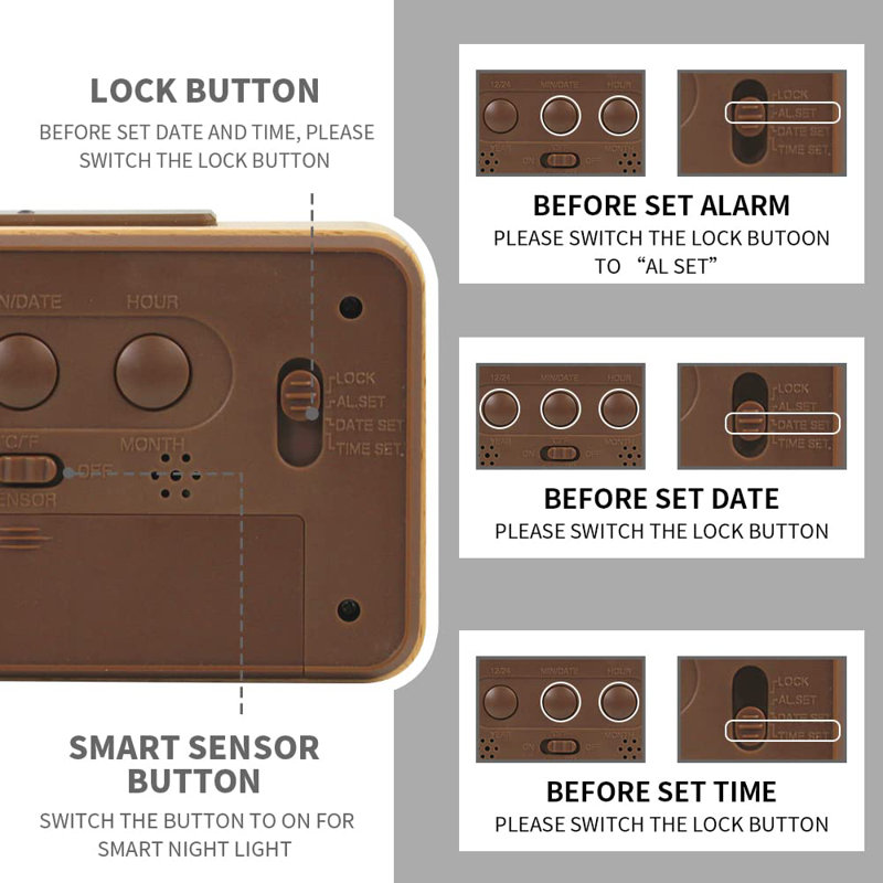 Bedroom Wooden Digital Alarm Clock Battery Powered With Smart Sensor Night Light, Temperature Detection, Snooze Function