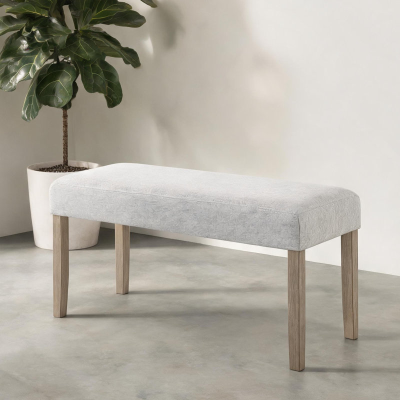 2-Seat Upholstered Dining Bench, Light Oak Finish, Light Gray Fabric Padded Seat for Residential Dining Spaces