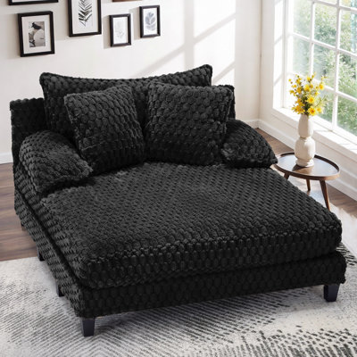 Faux Fur Chaise Lounge Indoor with Adjustable Backrest, 59 Inches Single Sleeper Sofa Chair with 3 Lumbar Pillows, Upholstered Oversized Lounge Chair