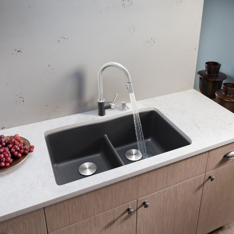 Diamond SILGRANIT 32" L X 19.25'' W Double Bowl Undermount Kitchen Sink with Low Divide, Café Brown