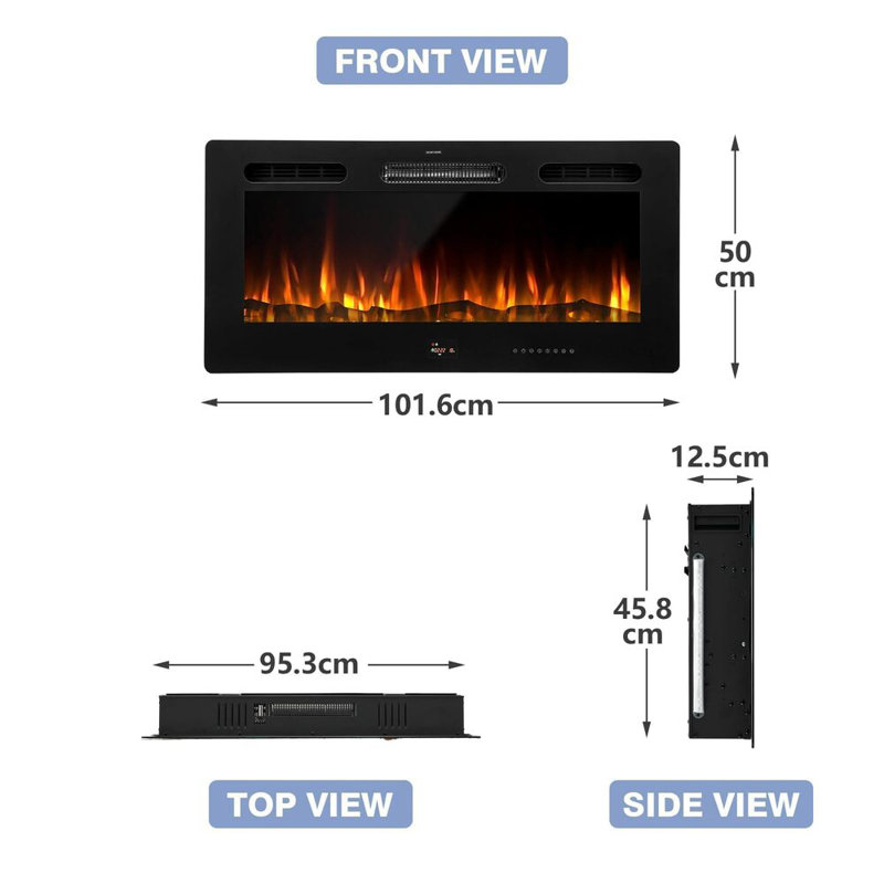 YODOLLA Black Electric Fireplace Insert, 50cm H x 101.60cm W x 12.50cm D