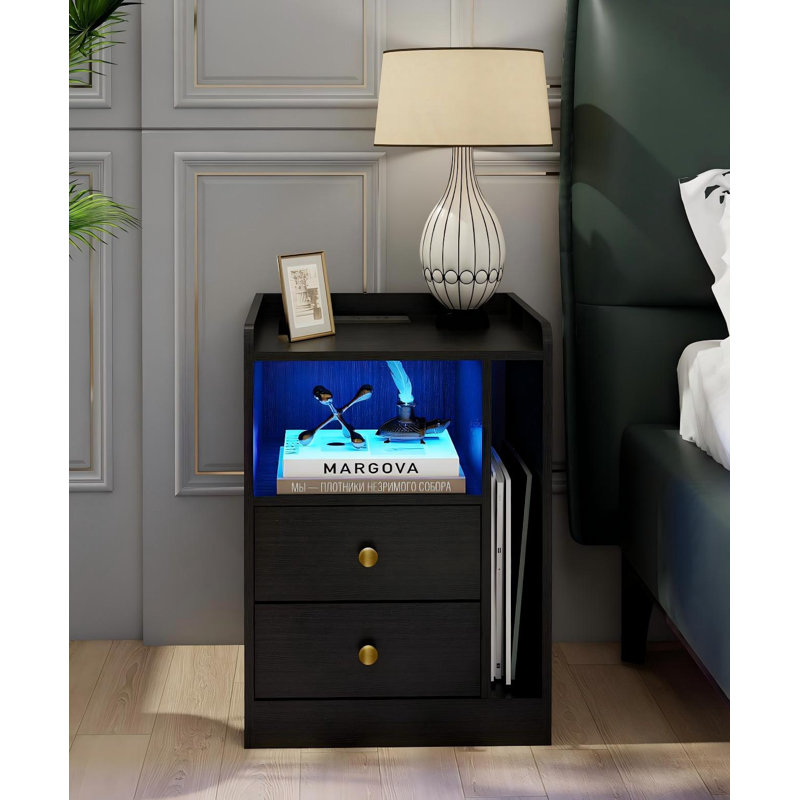 2 Drawers LED BedSide Table with Charging Station, Black