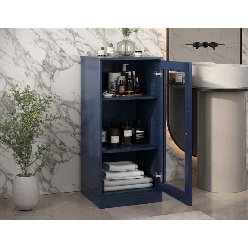 100% Solid Wood 16.5" Bathroom Cabinet with Clear Glass Door and Adjustable Shelves, Navy