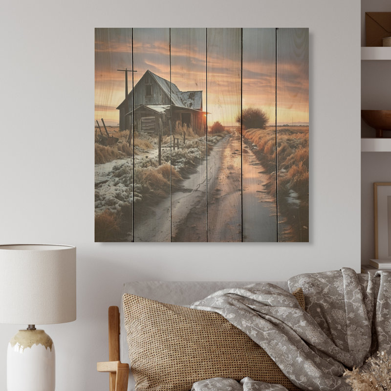 Paysage d'hiver de granges - art mural en bois de granges sur bois de pin naturel, H 36 po x l 36 po