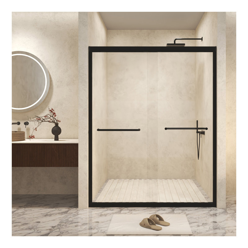 Tempered Glass with Explosion Proof Film, Aluminum Frame Double Sliding Shower Door, "1/4 (6 mm), Stainless Steel handle