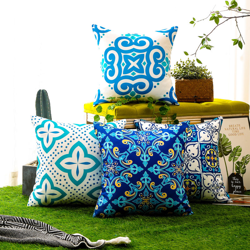 Indoor / Outdoor Waterproof Floral Print Blue Square Throw Pillow Cover