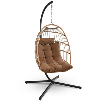  Fauteuil à œufs pliable avec support - Balançoire suspendue en osier de rotin pour une utilisation intérieure à l'extérieur - Capacité de 350 lb, coussin respirant et appui-tête - Patio, balcon, porche, mobilier de chambre à coucher
