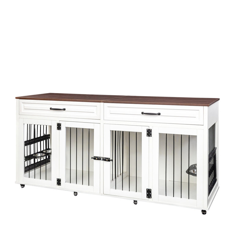 Cage pour chien moyenne à grande - Porte double avec tiroirs en blanc et noyer