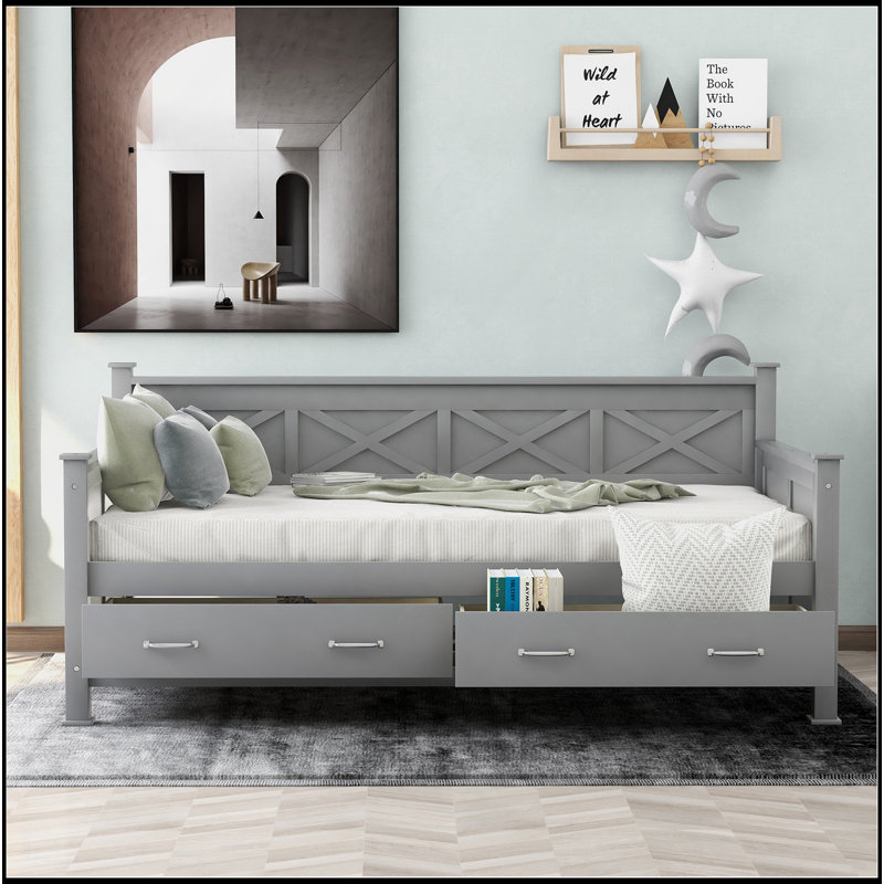 Lit de jour simple avec 2 grands tiroirs, structure en X, lit de jour de style décontracté moderne et rustique, gris