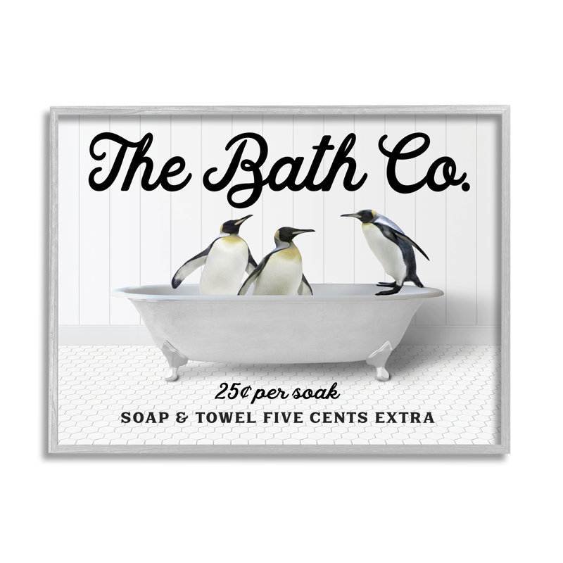 «Vintage Bath Ad Penguins», art giclée encadré par lettré et doublé, H 24 po x l 30 po x P 1,5 po