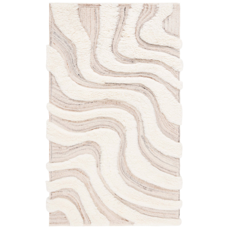 Tapis abstrait en laine fait à la main beige / ivoire Ankara, Rectangulaire 3 pi x 5 pi