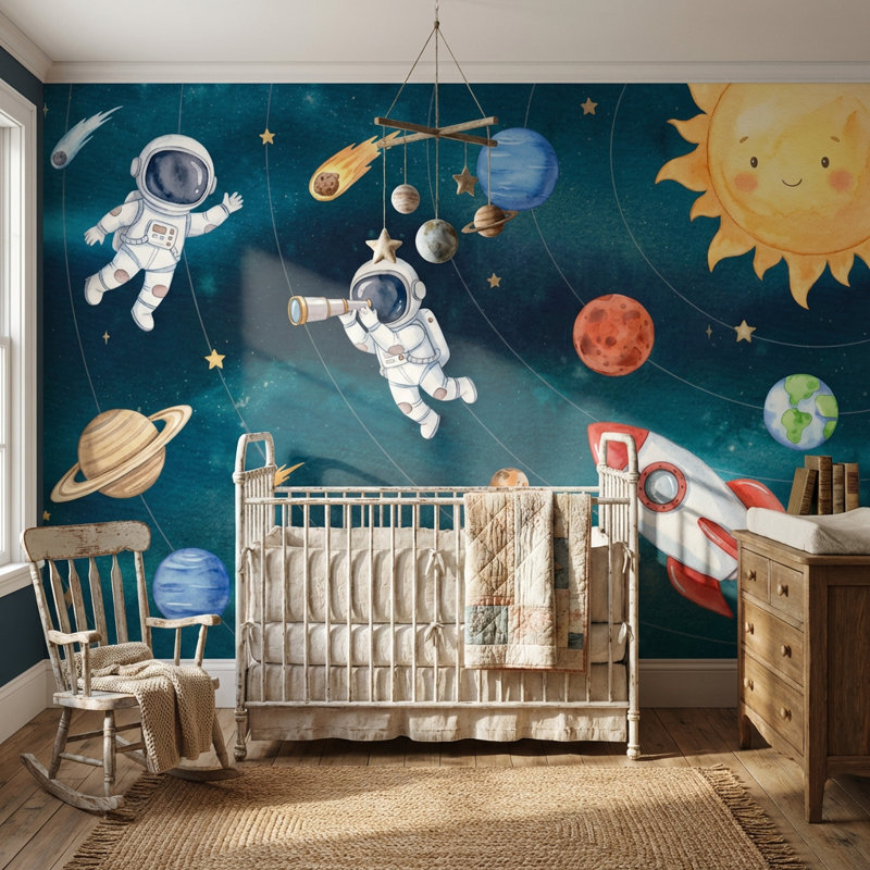 Adhésif mural planètes fantaisistes Space, 160 po x 108 po, Peler et coller