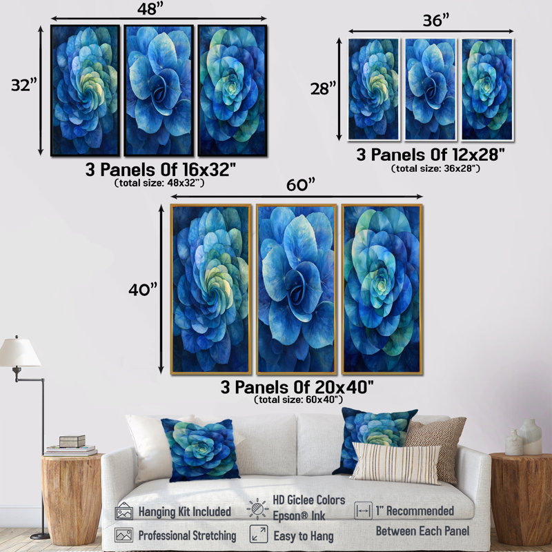 Hortensia bleu et vert Vortex I - Collection d'art mural hortensia, H 32 po x l 48 po, Impression encadrée flottante, Blanc