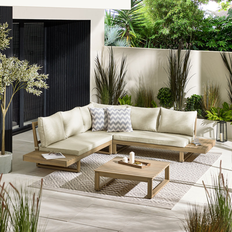 Ensemble de conversation en bois massif pour 6 personnes avec table basse Giyana - Lounge For Modern Garden, Beige / naturel