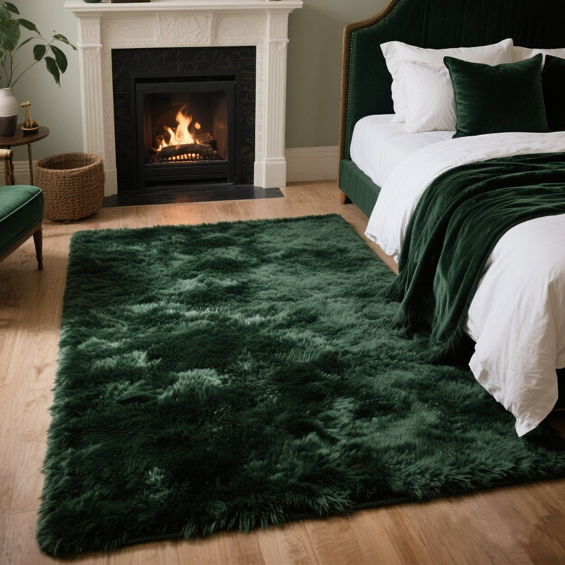 Stylish Fluffy Dark Green Plush Rug, Rectangle 4' x 6'