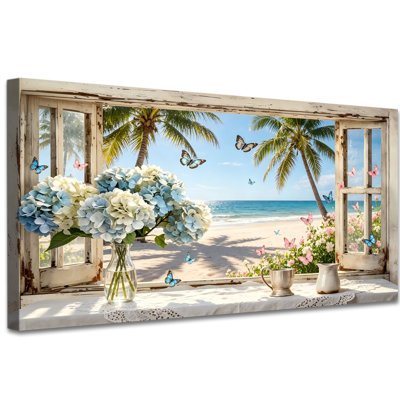 Large Hydrangea Coastal Wrapped Canvas Wall Art, 2:1 Beach Window View with Blue White Flowers and Butterflies, Tropical Ocean Decor for Bedroom, Living Room, Office 16×32 Inch