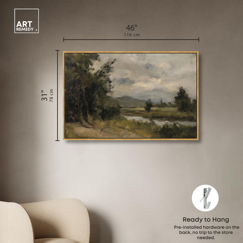 «River's Path» par Art Remedy, Cadre flottant doré, H 31 po x l 46 po