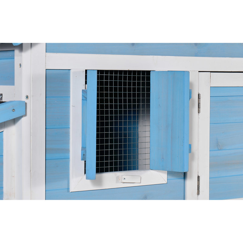 Cage bleue de 76 po avec rampe, couloir extérieur, plateau à nettoyage rapide, toit en asphalte en bois pour l'intérieur et l'habitat, accès facile