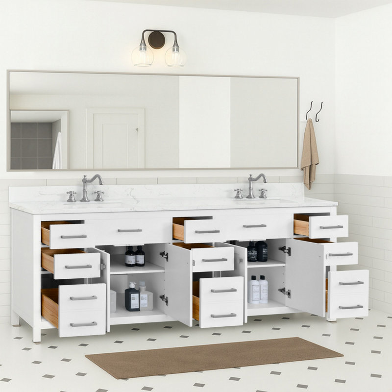 Meuble-lavabo de salle de bain avec 2 lavabos, armoire de rangement en bois massif pour salle de bain