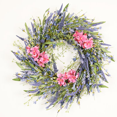 22" Artificial Farmhouse Blossom Cluster Berry Greenery Foliage Spring Summer Wildflower Orchid Floral Wreath For Front Door