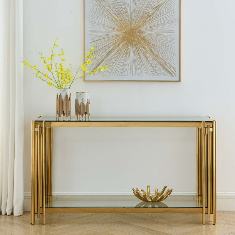 Console de rangement en bois Aaradhya avec structure en métal robuste et plateau en verre trempé, Clear/Polished Golden