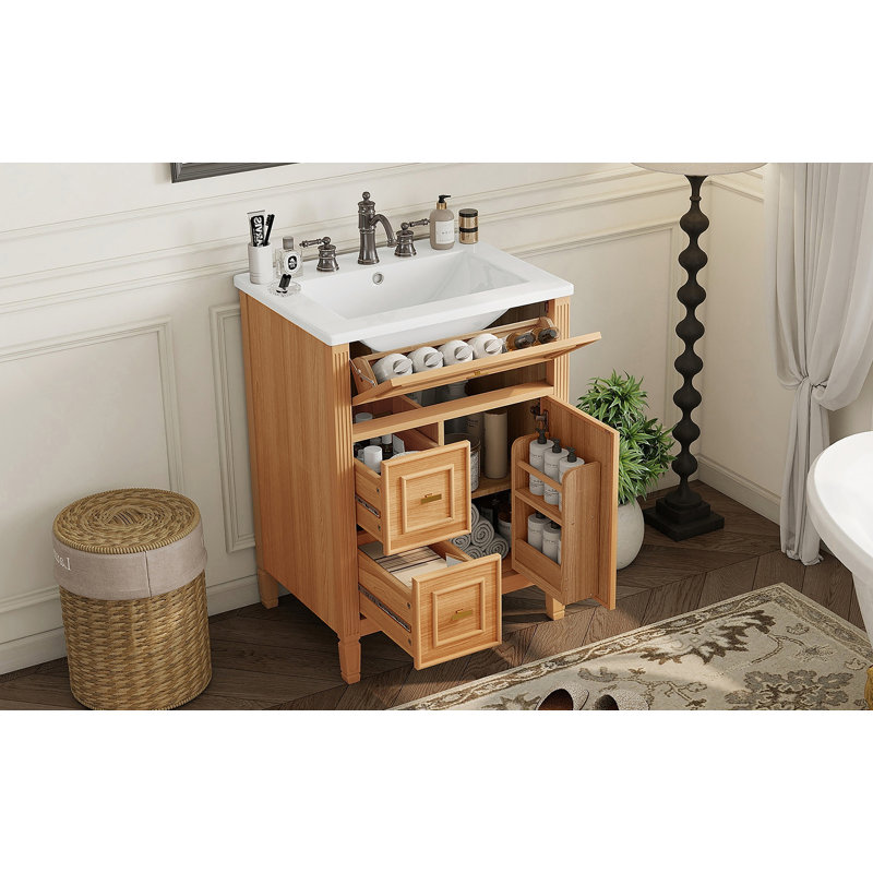 Meuble-lavabo avec lavabo, tiroir rabattable, tablette réglable, bois massif et panneau de fibres à densité moyenne pour un rangement pratique et élégant