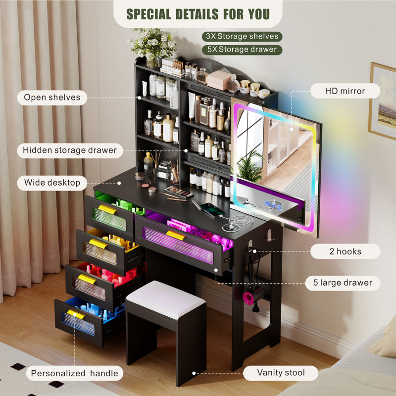 Vanity Dressing Table with RGB Lighted Mirror, Hidden Storage Cabinet, Charging Station, Drawers and Cushioned Stool, Black