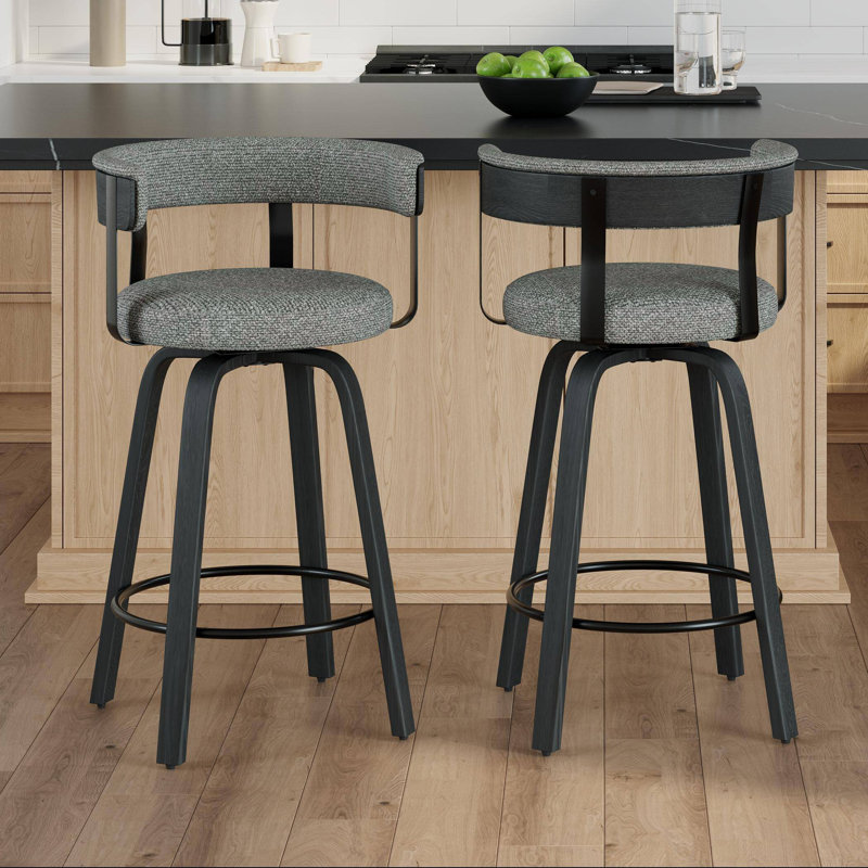 26'' Upholstered Swivel Counter Stool With Back And Bentwood Legs For Kitchen Island, Gray Seat/Black Frame