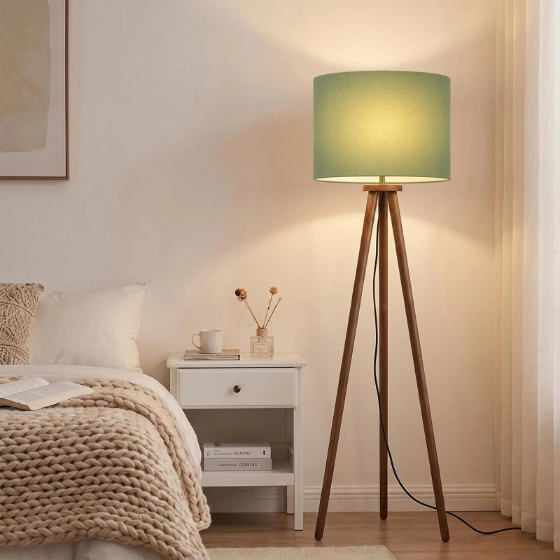 60.6 in. Modern Nordic Tripod Floor Lamp with Walnut Wood Base and Linen Lampshade for Living Room and Bedroom, Green