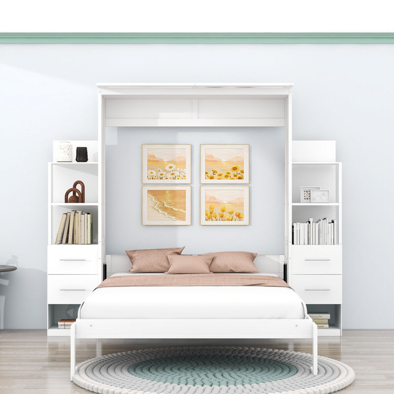 Murphy Bed Wall Bed with Shelves, Drawers and LED Lights, Grand, Blanc