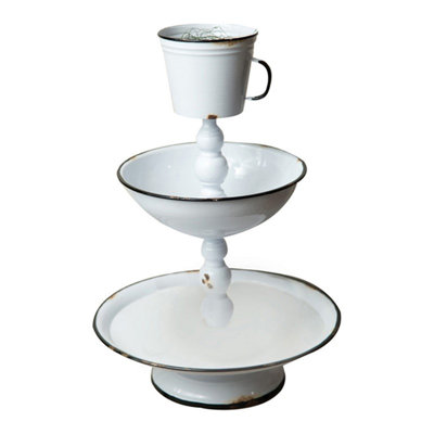  White Metal 3 Tier Enamel Tray Farmhouse Countertop Organizer and Decorative Serving Stand 19.5"H
