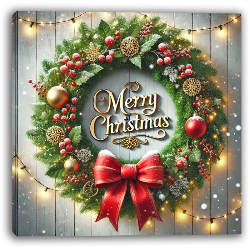 Festive Christmas Wreath with Red Bow - Art mural sur toile tendue, H 12 po x l 12 po x P 1 po