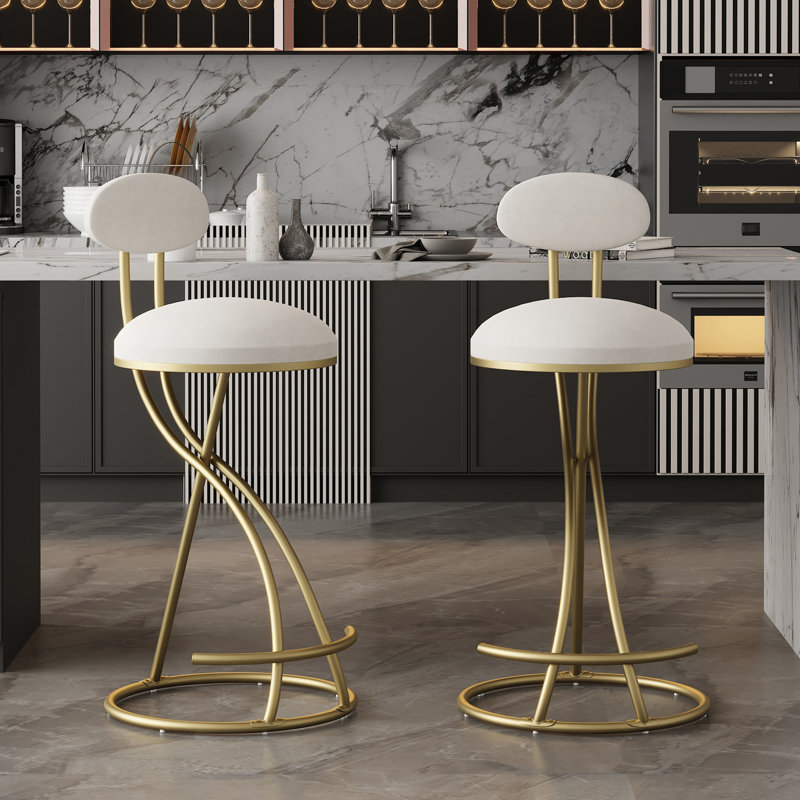 2Pcs Kitchen Island Bar Chairs, Creamy White Velvet, Golden Metal Frame, 220Lbs Max Load, Construction Round Velvet Stools Of 2, Gold Base, 27.95'' Seat Height, Load Support For Cafes