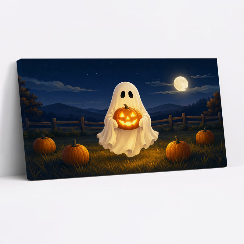 Tableau sur toile représentant un fantôme tenant une citrouille d'Halloween lumineuse dans la nuit, L 58 po x H 28 po